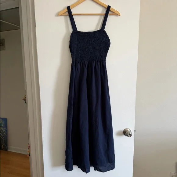 J.Crew Navy Blue Smocked Beach Dress in Linen-Cotton Blend size XS EUC - Picture 3 of 9